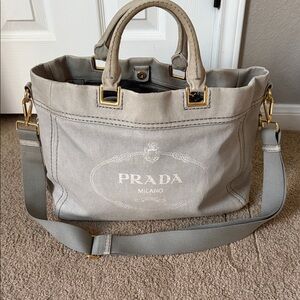 Authentic Prada Beige Canvas Tote with Gold Hardware